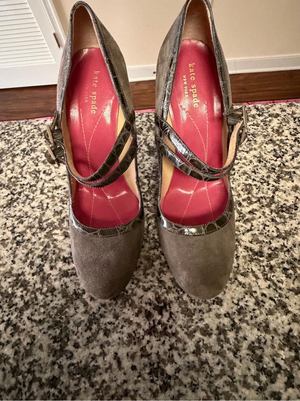 kate spade Taupe Suede Mary Jane Heels with Red Insole
